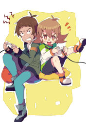 Rule 34 | 1boy, 1girl, :d, blue eyes, boots, brown eyes, brown hair, clenched teeth, controller, cushion, dark-skinned male, dark skin, game controller, glasses, hyakujuu-ou golion, jacket, lance (voltron), miyata (lhr), open mouth, pidge gunderson, shorts, sitting, smile, teeth, v-shaped eyebrows, voltron: legendary defender, voltron (series)
