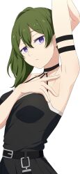 Rule 34 | 1girl, absurdres, arm strap, arm up, armpits, black choker, black dress, camui1104, choker, commentary request, dress, expressionless, eyelashes, green hair, highres, long hair, looking at viewer, o-ring, o-ring choker, pleated dress, purple eyes, side ponytail, simple background, solo, sousou no frieren, standing, ubel (sousou no frieren), upper body, white background