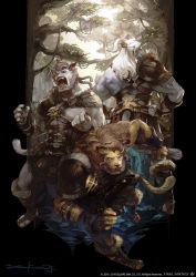 Rule 34 | 3boys, animal ears, armor, beard, belt, brown hair, cat boy, cat ears, cat tail, claws, copyright notice, facial hair, fangs, final fantasy, final fantasy xiv, fingerless gloves, furry, furry male, gloves, grey hair, highres, horns, hrothgar, long hair, looking at viewer, male focus, mane, monster boy, multiple boys, official art, open mouth, ponytail, shoulder armor, shoulder pads, signature, single horn, slit pupils, tail, tree, warrior of light (ff14), watermark, white hair, yellow eyes