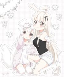 Rule 34 | 2girls, animal ears, bandaged arm, bandaged hand, bandages, bare shoulders, belt, black dress, black ribbon, blush, closed mouth, commentary request, commission, cross, dog ears, dog tail, dot mouth, dress, expressionless, fake animal ears, full body, garter straps, greek cross, grey eyes, hair ribbon, heart, jacket, jewelry, jpeg artifacts, kneehighs, kneeling, light smile, long hair, long sleeves, looking at viewer, mearian, multiple girls, necklace, o-ring, open clothes, open jacket, original, outline, outstretched arm, outstretched hand, pink jacket, rabbit ears, reaching, reaching towards viewer, ribbon, shoes, shorts, signature, skeb commission, sleep mask, slippers, socks, spaghetti strap, strapless, strapless dress, tail, thighhighs, white background, white belt, white dress, white footwear, white hair, white outline, white shorts, white socks, white tail, white thighhighs