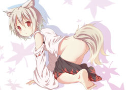 Rule 34 | 1girl, all fours, animal ears, ass, autumn leaves, bare shoulders, bottomless, clothes pull, detached sleeves, ging1993, inubashiri momiji, long sleeves, red eyes, shirt, silver hair, skirt, skirt pull, solo, tail, touhou, wide sleeves, wolf ears, wolf tail