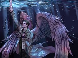 Rule 34 | 1boy, anderain, angel wings, black hair, castiel, caustics, chain, coat, facial hair, highres, holding hands, long coat, male focus, necktie, outstretched hand, solo focus, stubble, supernatural (tv series), trench coat, underwater, wings