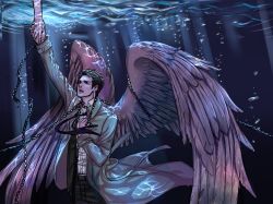 1boy anderain angel_wings black_hair castiel caustics chain coat facial_hair highres holding_hands long_coat male_focus necktie outstretched_hand solo_focus stubble supernatural_(tv_series) trench_coat underwater wings