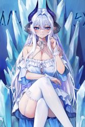 Rule 34 | 1girl, absurdres, bad id, bad twitter id, bare shoulders, blue eyes, breasts, cleavage, crossed legs, dress, frills, garter straps, gompang 11, highres, horns, large breasts, long hair, looking at viewer, original, pointy ears, sitting, slit pupils, smile, solo, thick thighs, thighhighs, thighs, throne, white dress, white hair, white thighhighs