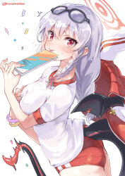 Rule 34 | 1girl, ass, blue archive, blush, bracelet, braid, braided ponytail, breasts, buruma, demon tail, demon wings, grey hair, halo, haruna (blue archive), jacket, jewelry, large breasts, long hair, looking at viewer, pantylines, red buruma, red eyes, red jacket, shirt, short sleeves, smile, super zombie, tail, tongue, tongue out, track jacket, white shirt, wings