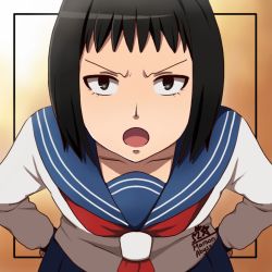 Rule 34 | &gt;:o, 10s, 1girl, :o, artist name, black eyes, black hair, blue skirt, collarbone, constricted pupils, eyelashes, gradient background, hands on own hips, kurata tome, long sleeves, looking at viewer, maroonabyss, mob face, mob psycho 100, open mouth, pleated skirt, school uniform, serafuku, short hair, skirt, solo, v-shaped eyebrows
