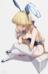 Rule 34 | 1girl, animal ears, blonde hair, blue archive, blue bow, blue bowtie, blue eyes, blue hairband, blue leotard, blush, bow, bowtie, breasts, closed mouth, crossed legs, detached collar, elbow rest, fake animal ears, from above, full body, hairband, halo, high heels, highres, leotard, long hair, m.q (mqkyrie), medium breasts, official alternate costume, official alternate hairstyle, playboy bunny, rabbit ears, rabbit tail, sitting, solo, tail, thighhighs, toki (blue archive), toki (bunny) (blue archive), very long hair, white background, white thighhighs, wrist cuffs