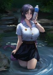 Rule 34 | 1girl, absurdres, belt, black skirt, bottle, breasts, buttons, cleavage, dokshuri, fate/grand order, fate (series), forest, highres, large breasts, long hair, looking at viewer, minamoto no raikou (fate), nature, outdoors, parted bangs, parted lips, partially submerged, purple eyes, purple hair, school uniform, shirt, skirt, skirt hold, smile, solo, stream, very long hair, water bottle, wet, white shirt