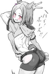 Rule 34 | 1girl, ass, back cutout, blush, clothing cutout, commentary request, cowboy shot, ear covers, ear ornament, from behind, greyscale, grin, highres, hip vent, hood, hoodie, medium hair, monochrome, narita top road (umamusume), short sleeves, shorts, simple background, single ear cover, smile, solo, sweat, umamusume, v, white background, yaki apple