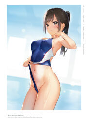 Rule 34 | 1girl, blush, brown eyes, brown hair, closed mouth, competition swimsuit, highres, indoors, long hair, looking at viewer, mignon, navel, one-piece swimsuit, original, ponytail, pulled by self, shiny skin, simple background, solo, swimsuit, tan, tanline, thighs