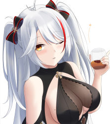 Rule 34 | 1girl, antenna hair, azur lane, bare shoulders, bow, breasts, clothing cutout, cup, drinking glass, hair bow, hand up, holding, holding cup, keenh, large breasts, looking at viewer, mole, mole on breast, multicolored hair, one eye closed, parted lips, prinz eugen (azur lane), prinz eugen (cordial cornflower) (azur lane), silver hair, simple background, solo, streaked hair, two side up, underboob cutout, upper body, white background