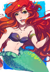 Rule 34 | 1girl, ariel (disney), armband, bare shoulders, blush, bra, breasts, cleavage, disney, female focus, fins, fish tail, hair ornament, long hair, mermaid, midriff, monster girl, nshi, open mouth, red eyes, red hair, solo, tail, the little mermaid, underwater, underwear