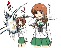 Rule 34 | 10s, 2girls, arrow (projectile), bad id, bad pixiv id, black neckerchief, blouse, blunt bangs, brown eyes, brown hair, catching, commentary, cowboy shot, from side, girls und panzer, gouta (nagishiro6624), green skirt, hitting, long hair, long sleeves, looking at another, miniskirt, motion blur, motion lines, multiple girls, neckerchief, nishizumi miho, ooarai school uniform, orange eyes, orange hair, parted lips, pleated skirt, school uniform, serafuku, shirt, short hair, simple background, skirt, smoke, standing, takebe saori, tank shell, white background, white shirt