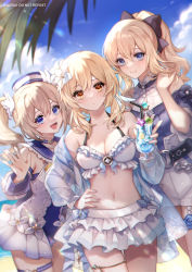 Rule 34 | alcohol, barbara (genshin impact), barbara (summertime sparkle) (genshin impact), bare shoulders, beach, bikini, bikini skirt, bikini top only, blonde hair, blouse, blue choker, blue eyes, blue one-piece swimsuit, blue shirt, blue sky, blush, bow, breasts, choker, cleavage, cup, drill hair, drinking glass, drinking straw, fern, genshin impact, hair between eyes, hair bow, hand on own hip, hat, high-waist shorts, high ponytail, highres, jean (genshin impact), jean (sea breeze dandelion) (genshin impact), looking at viewer, lumine (genshin impact), medium breasts, navel, official alternate costume, one-piece swimsuit, open mouth, outdoors, qi2341, sailor hat, sand, shirt, shore, shorts, sky, smile, standing, swimsuit, thigh strap, thighlet, thighs, twin drills, white headwear, white shorts, yellow eyes