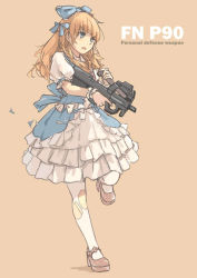 Rule 34 | 1girl, blonde hair, blue eyes, bow, bullpup, dress, english text, frills, gun, hair bow, holding, holding gun, holding weapon, lolita fashion, long hair, original, p90, pantyhose, personal defense weapon, puffy short sleeves, puffy sleeves, reloading, short sleeves, simple background, solo, submachine gun, torn clothes, torn pantyhose, weapon, white pantyhose, xiao qiang (overseas)