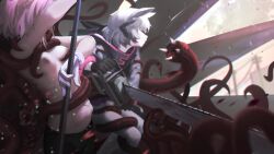 Rule 34 | 2girls, animal ears, animal hood, arknights, arm up, asphyxiation, battle, black gloves, black pantyhose, breasts, chainsaw, clenched teeth, closed eyes, gloves, grey hair, highres, holding, holding staff, holding weapon, hood, hood down, long sleeves, miniskirt, monster, multiple girls, navel, nipples, pantyhose, popukar (arknights), preamy kyuushi, purple skirt, rabbit ears, rabbit hood, short hair, skirt, small breasts, staff, stomach bulge, sussurro (arknights), teeth, tentacles, topless, weapon, white gloves, white pantyhose