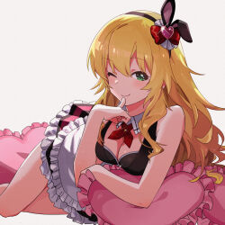 Rule 34 | 1girl, animal ears, bare shoulders, black dress, blonde hair, blush, breasts, cleavage, cushion, detached collar, dress, fake animal ears, finger to mouth, frilled dress, frills, green eyes, hairband, heart, hoshii miki, idolmaster, idolmaster (classic), idolmaster million live!, idolmaster million live! theater days, large breasts, long hair, looking at viewer, lying, on side, one eye closed, rabbit ears, renrenso, simple background, smile, solo, white background