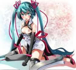 Rule 34 | 1girl, absurdres, aqua eyes, aqua hair, bad id, bad pixiv id, bare shoulders, blush, breasts, cable, chest tattoo, cleavage, cleavage cutout, clothing cutout, detached pants, detached sleeves, hatsune miku, highres, long hair, open mouth, project diva (series), sitting, solo, tattoo, thigh strap, thighs, tsukishiro saika, twintails, vocaloid, yokozuwari