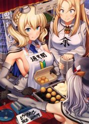 Rule 34 | 3girls, alternate costume, apron, blonde hair, blue eyes, blue neckwear, braid, breasts, bubble tea challenge, capelet, clothes writing, colorado (kancolle), colorado (kancolle) (cosplay), container, cosplay, dress, festival, food, food on clothes, food stand, garrison cap, gloves, hat, headwear request, holding, ichikawa feesu, kantai collection, kashima (kancolle), military, military uniform, multiple girls, necktie, nelson (kancolle), pout, short hair, side braid, sideboob, sign, silver hair, takoyaki, tawawa challenge, uniform