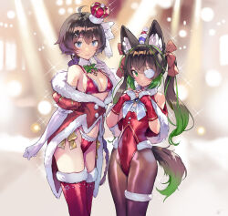 Rule 34 | 2girls, ahoge, animal ear fluff, arm at side, bare shoulders, bikini, black hair, black pantyhose, blue eyes, blurry, blurry background, bow, braid, braided ponytail, breasts, christmas, closed mouth, commentary, covered navel, crown, detached collar, dot nose, elbow gloves, eyepatch, fur trim, gloves, green eyes, green hair, hair between eyes, hair bow, hair ornament, highleg, highleg leotard, highleg panties, highres, legs together, leotard, long hair, looking at viewer, matsuda (matsukichi), mini crown, multicolored hair, multiple girls, off shoulder, original, panties, pantyhose, red gloves, red leotard, red thighhighs, santa bikini, santa leotard, shiny clothes, single thighhigh, small breasts, smile, sparkle, standing, streaked hair, swimsuit, tail, thighhighs, underwear, white gloves