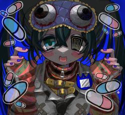 Rule 34 | 1girl, bandaid, belt, blue background, blue eyes, blue nails, blush, hair between eyes, iniooooo, long hair, looking at viewer, nail polish, open mouth, original, pill, sidelocks, simple background, sleep mask, solo, turtleneck, twintails