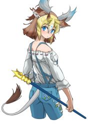 Rule 34 | 1girl, absurdres, animal ears, bare shoulders, blonde hair, blouse, blue eyes, blue pants, brown hair, commentary request, cowboy shot, denim, extra ears, from behind, giraffe ears, giraffe girl, giraffe horns, giraffe tail, hair between eyes, highres, horns, jeans, kemono friends, kemono friends 3, long sleeves, looking at viewer, multicolored hair, off shoulder, official alternate costume, pants, shirt, short hair, sivatherium (kemono friends), solo, suspenders, tail, tanabe (fueisei), weapon, white shirt