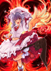 Rule 34 | 1girl, bat (animal), bloomers, bow, brooch, fang, fire, hat, hat bow, highres, jewelry, leg lift, light purple hair, navel, nikke (cherish), open hands, open mouth, outstretched arms, red eyes, remilia scarlet, sash, touhou, underwear