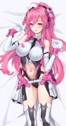 Rule 34 | 1girl, ahoge, bed sheet, between breasts, black necktie, blush, breasts, cleavage, clothes lift, dakimakura (medium), elbow gloves, from above, gloves, highleg, highres, large breasts, long hair, looking at viewer, lying, matrix16, midriff, navel, necktie, necktie between breasts, on back, open mouth, pink eyes, pink hair, rasis, skirt, skirt lift, solo, sound voltex, thighhighs, thighs, very long hair