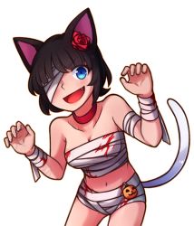 Rule 34 | 1girl, :d, animal ears, bandaged arm, bandaged head, bandages, bare shoulders, black hair, blood, blood stain, blue eyes, breasts, cat ears, cat tail, chocolate (rabi ribi), choker, claw pose, cleavage, artistic error, eyes visible through hair, fang, flower, hair flower, hair ornament, halloween, halloween costume, hands up, looking at viewer, medium breasts, midriff, mummy costume, navel, one eye covered, open mouth, pumpkin, rabi-ribi, red choker, short hair, smile, solo, speckticuls, tail, transparent background