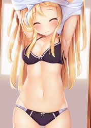 Rule 34 | 1girl, armpits, arms up, bare shoulders, black bra, black panties, blonde hair, blush, bow, bow bra, bow panties, bra, breasts, cleavage, closed eyes, closed mouth, collarbone, commentary request, cowboy shot, facing viewer, groin, highres, kin-iro mosaic, kujou karen, long hair, medium breasts, minato ojitan, navel, panties, shirt, solo, underwear, underwear only, undressing, very long hair, white shirt