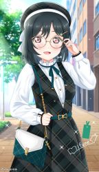Rule 34 | 1girl, :d, absurdres, adjusting eyewear, bag, belt, black hair, blouse, character name, character signature, commentary, day, diaja1414, dress, english commentary, english text, eyebrows hidden by hair, fang, green dress, green ribbon, handbag, highres, looking at viewer, love live!, love live! nijigasaki high school idol club, love live! school idol festival all stars, medium hair, mifune shioriko, nail polish, neck ribbon, official alternate costume, open mouth, outdoors, pinafore dress, pink eyes, pink nails, plaid, plaid dress, ribbon, round eyewear, shirt, sleeveless dress, smile, solo, twitter username, white shirt