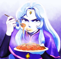 Rule 34 | 1girl, annoyed, bad id, bad pixiv id, blue eyes, capelet, eating, food, forehead jewel, fork, hibiki non, lafolie, long sleeves, majokko megu-chan, pale skin, parted bangs, pasta, plate, serious, solo, spaghetti, upper body, white hair