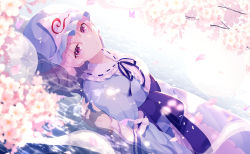 Rule 34 | 1girl, absurdres, arm garter, blue hat, blue kimono, blurry, blurry background, blurry foreground, branch, cherry blossoms, commentary request, cowboy shot, day, dutch angle, hat, highres, hitodama, in water, japanese clothes, kimono, long sleeves, looking at viewer, lying, mob cap, obi, on back, outdoors, partially submerged, pink eyes, pink hair, saigyouji yuyuko, sash, shinketsu kanyu, short hair, solo, touhou, triangular headpiece, wide sleeves