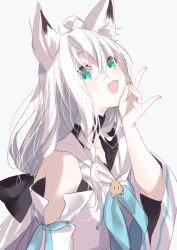 Rule 34 | 1girl, :d, ahoge, animal ear fluff, animal ears, bare shoulders, black bow, blue neckerchief, bow, detached sleeves, fang, fox ears, fox girl, fox shadow puppet, green eyes, grey background, hair between eyes, hair bow, hand up, highres, hololive, hood, hood down, long hair, looking at viewer, misumi (macaroni), neckerchief, open mouth, shirakami fubuki, shirakami fubuki (1st costume), shirt, short sleeves, sleeveless, sleeveless shirt, smile, solo, very long hair, virtual youtuber, white hair, white shirt, white sleeves, wide sleeves