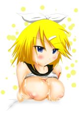 Rule 34 | 1girl, alternate breast size, artist request, blonde hair, blue eyes, breasts, clothes lift, cum, cum on body, cum on breasts, cum on upper body, kagamine rin, large breasts, nipples, paizuri, penis, shirt lift, solo, vocaloid