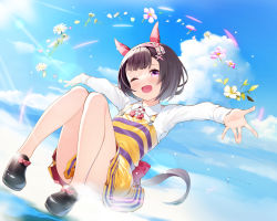 Rule 34 | 1girl, ;d, animal ear fluff, animal ears, bare legs, black footwear, black hair, blue sky, blush, bow, cat ears, cloud, commentary request, day, dress, flower, full body, hair flower, hair ornament, hairband, highres, horse ears, horse girl, horse tail, long sleeves, looking at viewer, nekomu, nishino flower (umamusume), ocean, one eye closed, open mouth, outdoors, outstretched arms, purple eyes, shirt, shoes, short hair, skirt, sky, smile, solo, striped, suspenders, tail, umamusume