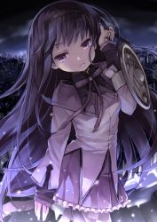 Rule 34 | 1girl, akemi homura, argyle, argyle clothes, argyle legwear, arm up, black hairband, black pantyhose, bow, buckler, building, cityscape, commentary request, cowboy shot, frilled skirt, frills, hairband, head tilt, highres, long hair, long sleeves, mahou shoujo madoka magica, mahou shoujo madoka magica (anime), night, night sky, outdoors, pantyhose, pleated skirt, purple bow, purple eyes, purple hair, purple skirt, rin2008, shield, shirt, skirt, sky, skyscraper, sleeves past wrists, solo, v-shaped eyebrows, very long hair, white shirt