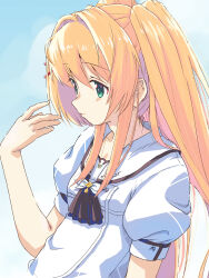 Rule 34 | 1girl, akayama yukihe, ascot, black ascot, blonde hair, blue background, closed mouth, commentary, eyelashes, green eyes, hair between eyes, hair intakes, hair ornament, hand up, highres, light smile, long hair, looking at hand, nose, profile, puffy short sleeves, puffy sleeves, sailor collar, school uniform, shirt, short sleeves, sidelocks, simple background, solo, straight hair, summer pockets, tsumugi wenders, twintails, upper body, very long hair, white sailor collar, white shirt, x hair ornament