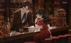 Rule 34 | 1boy, 1girl, age difference, bar (place), black eyes, black hair, book, bottle, bow, bracelet, braid, closed eyes, collared shirt, denn (naluse flow), dress, glass, highres, indoors, jewelry, necktie, open mouth, original, red dress, shirt, sitting, white shirt