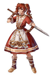 Rule 34 | 1girl, absurdres, arcturus, boots, brown choker, brown footwear, brown gloves, brown sash, choker, closed mouth, dress, fingerless gloves, flat chest, full body, gloves, hand on own hip, highres, holding, holding sword, holding weapon, long hair, looking at viewer, maria kates, over shoulder, red dress, red eyes, red hair, shirt, short sleeves, simple background, smile, solo, standing, sword, sword over shoulder, twintails, weapon, weapon over shoulder, white background, white shirt, xiansan