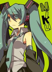 Rule 34 | 1girl, bad id, bad pixiv id, detached sleeves, haru (oomr005), hatsune miku, headset, long hair, necktie, simple background, solo, twintails, very long hair, vocaloid