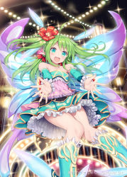 Rule 34 | 1girl, :d, akkijin, aqua eyes, bare shoulders, boots, card (medium), carnival, dress, fairy, fairy wings, flower, green hair, hair flower, hair ornament, multicolored clothes, official art, open mouth, pixie servant (shinkai no valkyrie), pointy ears, shinkai no valkyrie, smile, solo, wings