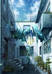Rule 34 | 1girl, air conditioner, aqua hair, bad id, bad pixiv id, balcony, black hair, black pantyhose, boots, building, clothesline, cloud, coat, commentary, concrete, day, door, drainpipe, flower pot, from behind, galaxy, grass, industrial pipe, kazami (kuroro), laundry, light particles, long hair, long sleeves, looking away, looking up, mailbox, original, pantyhose, plant, ponytail, potted plant, radio antenna, railing, reflection, scarf, scenery, shadow, skirt, sky, solo, stained glass, stairs, standing, starry sky print, striped clothes, striped scarf, sunlight, surreal, towel, window, winter clothes