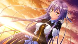Rule 34 | 1girl, breasts, cloud, evening, game cg, gloves, hair ribbon, harvest overray, long hair, looking at viewer, nironiro, ocean, purple hair, ribbon, sky, smile, solo, standing, sunlight, usume shirou, water, yellow eyes