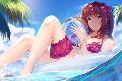 Rule 34 | 1girl, ball, beachball, bikini, blue sky, bracelet, breasts, bridal garter, brown hair, cloud, cloudy sky, day, expressionless, fate/grand order, fate (series), feng mouren, flower, hair flower, hair intakes, hair ornament, hibiscus, highres, holding, holding ball, holding beachball, innertube, jewelry, large breasts, looking at viewer, nail polish, ocean, outdoors, palm tree, pink bikini, purple bikini, red eyes, scathach (fate), scathach (fate/grand order), scathach (swimsuit assassin) (fate), sky, solo, swim ring, swimsuit, tree