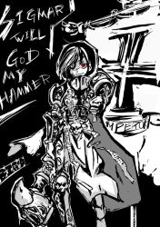 Rule 34 | 1girl, armor, banner, big-d, eyepatch, greyscale, hammer, monochrome, paladin, red eyes, skull, solo, spot color, typo, war hammer, warhammer, warhammer fantasy, weapon