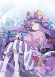 Rule 34 | 1girl, blue bow, bow, bubble, capelet, crescent, crescent hair ornament, dress, hair bow, hair ornament, hat, indoors, library, long hair, long sleeves, looking at viewer, mob cap, pantyhose, patchouli knowledge, purple eyes, purple hair, red bow, satou kibi, shoes, sitting, smile, solo, striped clothes, striped dress, touhou, white pantyhose