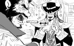 Rule 34 | 2boys, aroused, bara, beard, blush, breath, collared shirt, couple, cowboy hat, facial hair, flying sweatdrops, graves (league of legends), greyscale, hair slicked back, hat, hat over eyes, karipaku, league of legends, long hair, male focus, mature male, monochrome, multiple boys, mustache, shirt, short hair, sketch, surprised, thick eyebrows, turn pale, twisted fate, upper body, yaoi