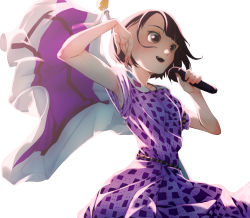 Rule 34 | 1girl, bob cut, brown eyes, brown hair, dress, hands up, highres, holding, holding microphone, microphone, nogizaka46, open mouth, purple dress, rikito1087, short hair, short sleeves, simple background, solo, standing, white background