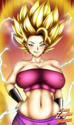 Rule 34 | 10s, 1girl, aqua eyes, bare shoulders, blonde hair, breasts, caulifla, cleavage, covered erect nipples, curvy, dragon ball, dragon ball super, electricity, female focus, hair up, hand on own hip, highres, large breasts, looking at viewer, navel, pants, saiyan, shiny skin, smile, solo, spiked hair, strapless, super saiyan, super saiyan 2, tensa-zangitsu, tongue, tongue out, tube top, wristband